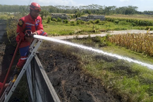 Penanganan Kebakaran Sebuah Lahan di Dekat Tangki Gas Elpiji SPPBE di Dukuh Betro, Desa Dlimas, Ceper